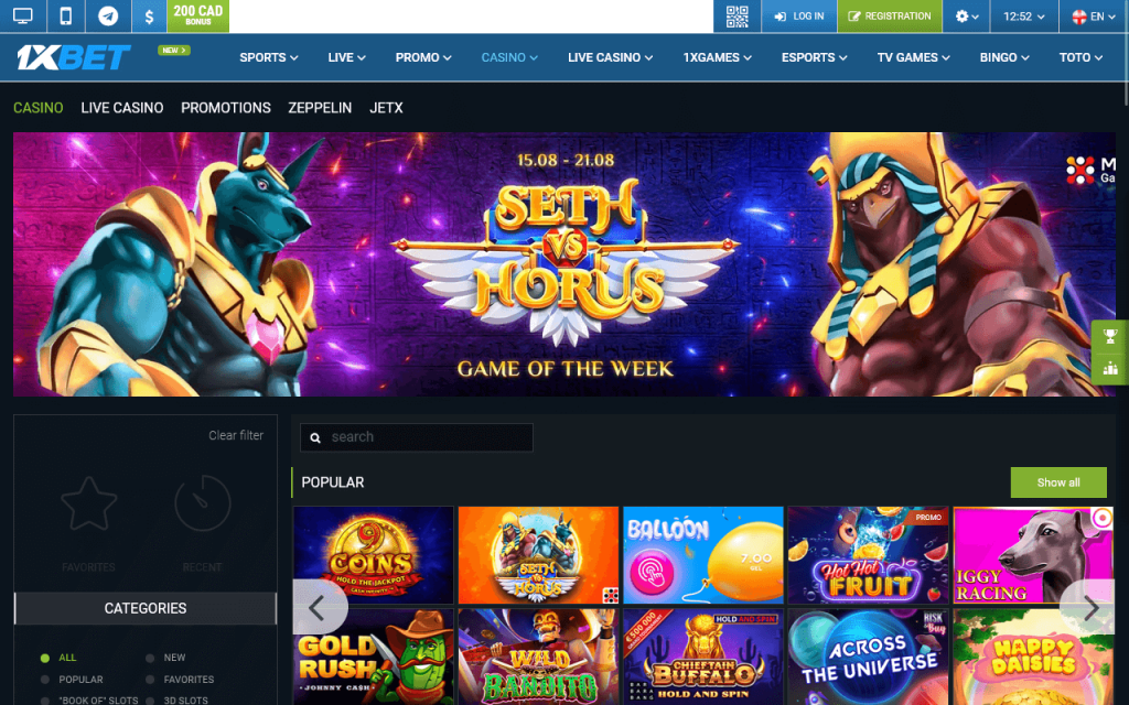 Casino Page Review of 1xbet Canada