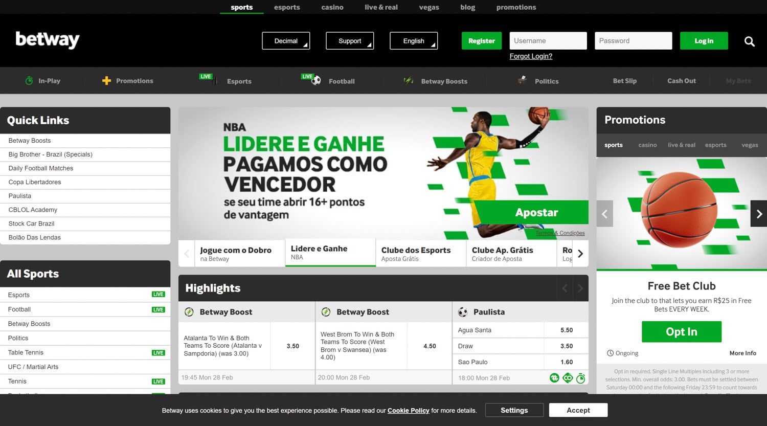 home page of betway with betting bonus